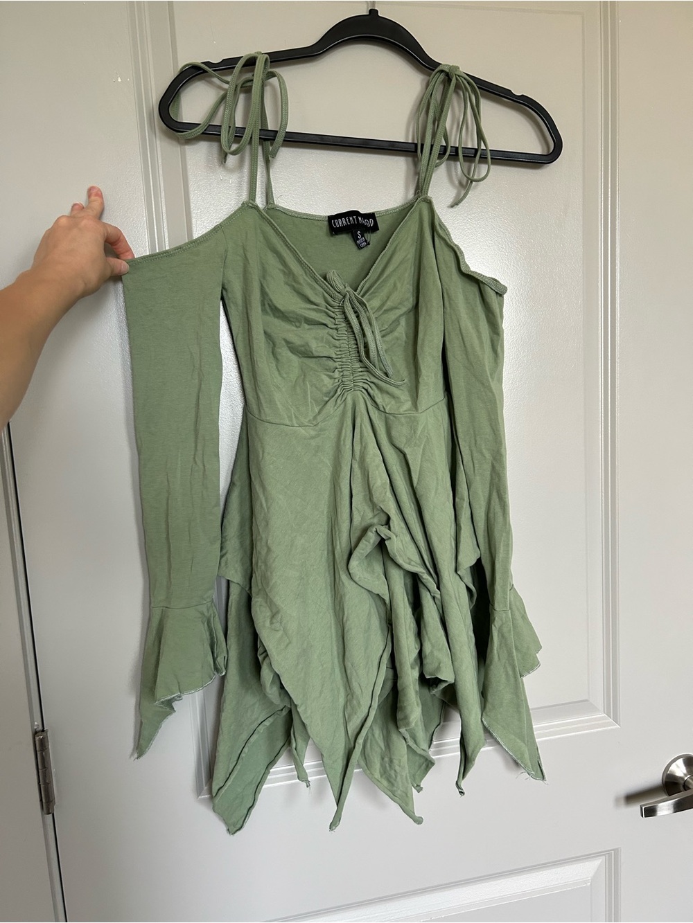 Current Mood Sage Green Cold-Shoulder Ruched Handkerchief Mini Tinkerbell Dress